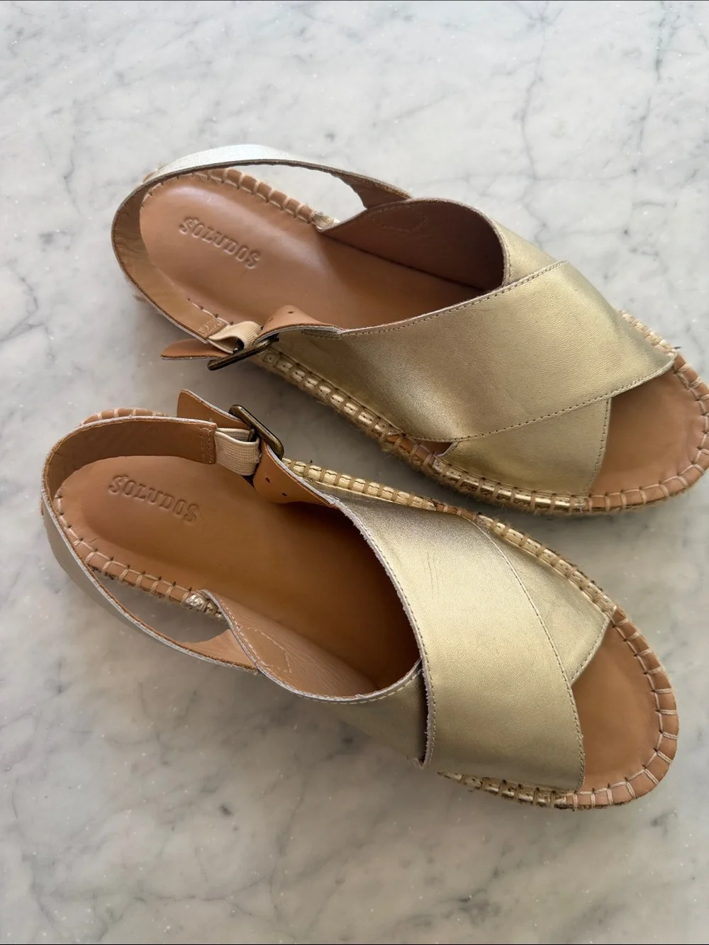 Soludos Gold Leather Espadrille Sandals with Slingback Strap size 8.5